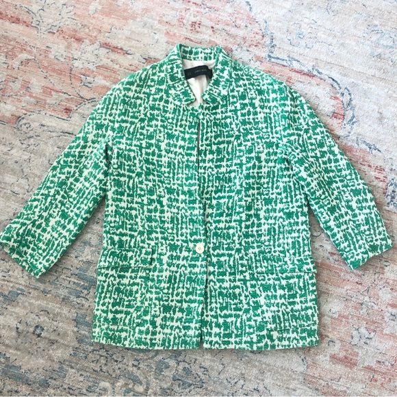 ZARA Green Jacquard tweed Jacket with Patch Pockets SZ M - Picture 12 of 16